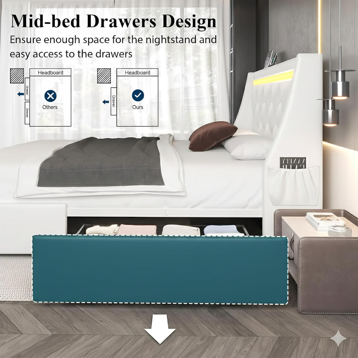ORCPANIS Queen 5-Piece Bedroom Set with Vanity and Bookshelf