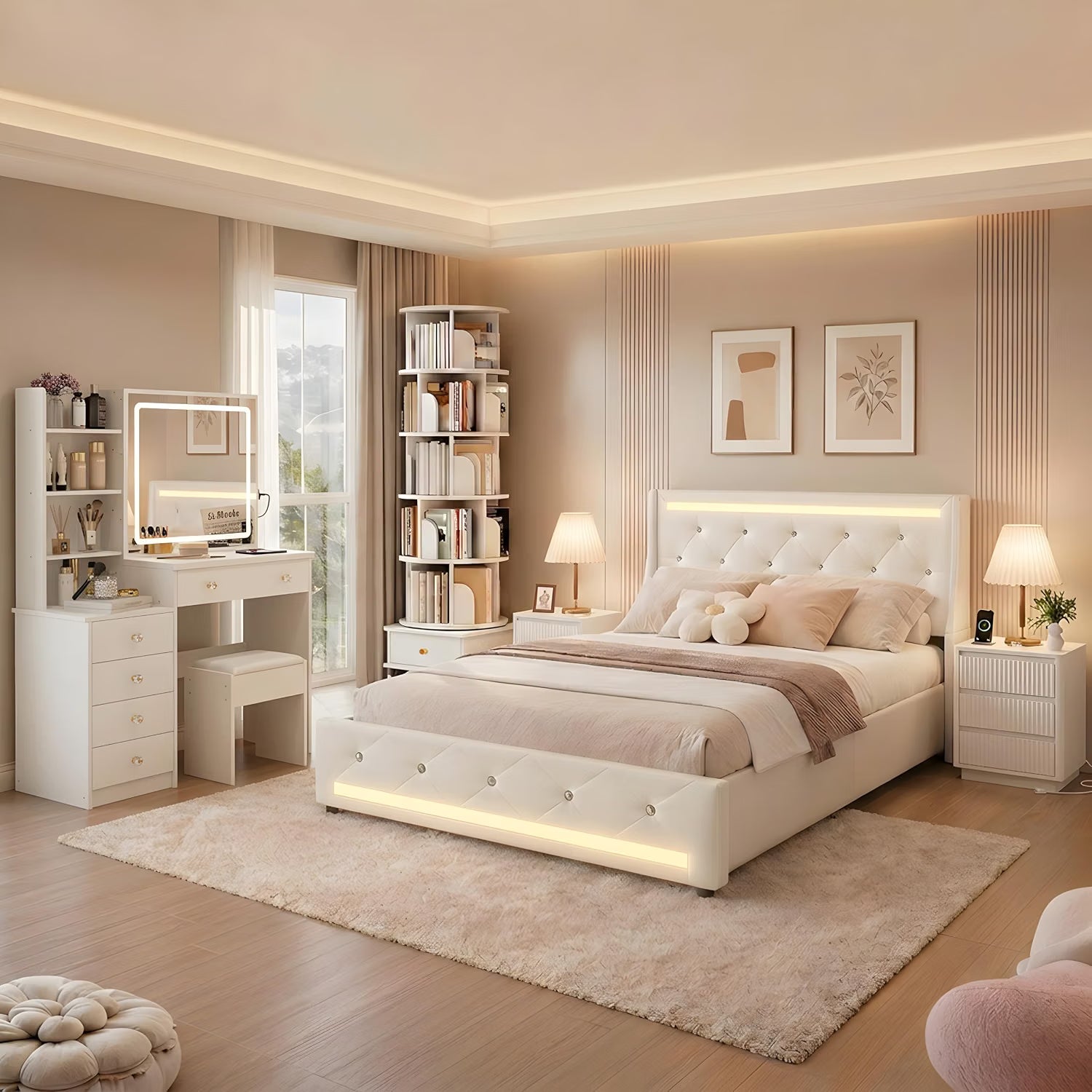 ORCPANIS Queen 5-Piece Bedroom Set with Vanity and Bookshelf