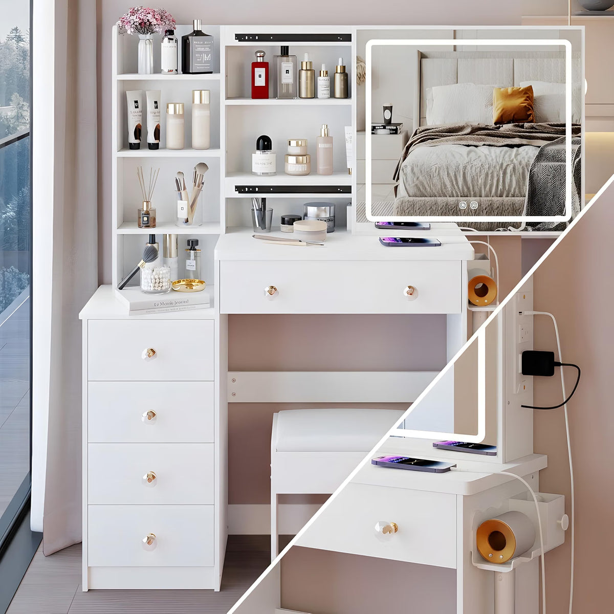 ORCPANIS Queen 5-Piece Bedroom Set with Vanity and Bookshelf